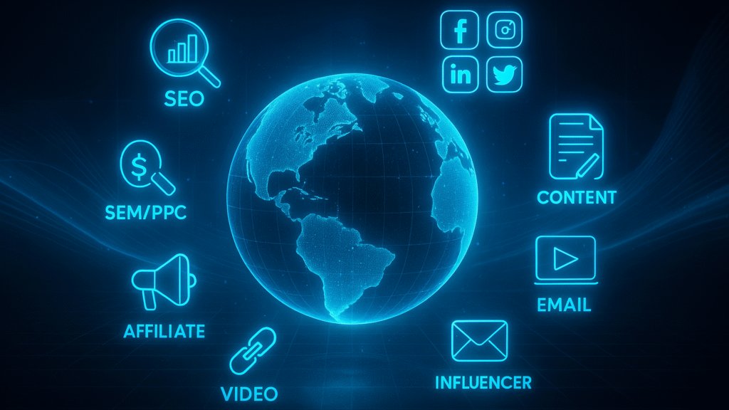 Luxury neon blue themed digital marketing services illustration with icons for SEO, PPC, social media, content, email, influencer, affiliate, video, web design, and analytics.