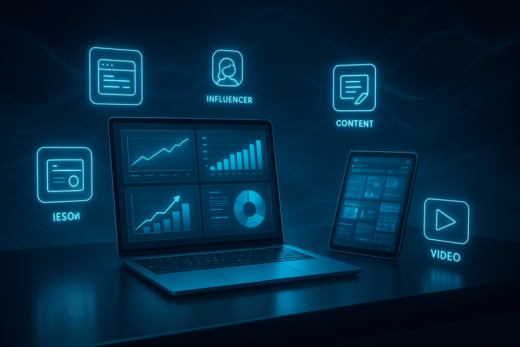 Futuristic neon blue workspace showing laptop and tablet with digital marketing dashboards and holographic service icons.